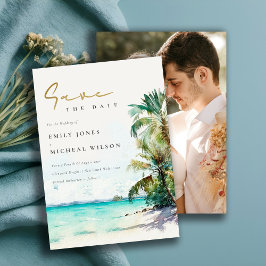 Elegantes Tropical Beach Watercolor Palmen Foto Save The Date