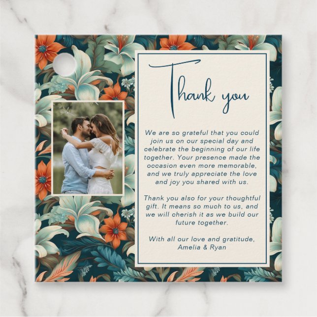 Elegantes Tropical Blume Floral Wedding Foto Geschenkanhänger (Vorderseite)