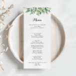 Elegantes Tropical Green Foliage Calligraphy Dinne Menükarte<br><div class="desc">Diese elegante Karte aus tropischem grünem Blattwerk mit Kalligraphie-Abendessen eignet sich perfekt für eine moderne Hochzeit. Dieses handgezeichnet Design zeichnet sich durch Aquarellfarben schöne grüne Blätter aus. Dieses Menü kann für Hochzeitsempfang,  Probe Dinner,  Brautparty oder jede Veranstaltung verwendet werden.</div>