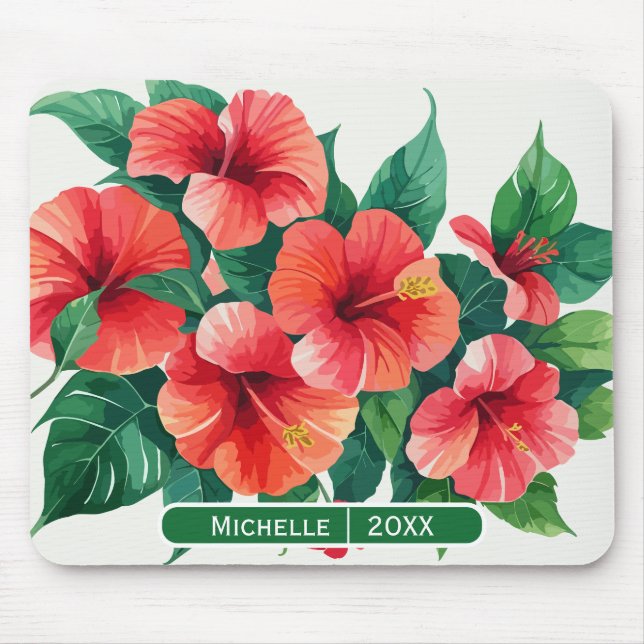 Elegantes Tropical Hawaii Hibiskus Green Monogram Mousepad (Vorne)