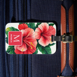 Elegantes Tropical Hawaii Hibiskus Red Monogram Gepäckanhänger