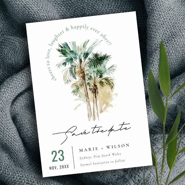 Elegantes Tropical Watercolor Palm Trees Script Save The Date (Von Creator hochgeladen)