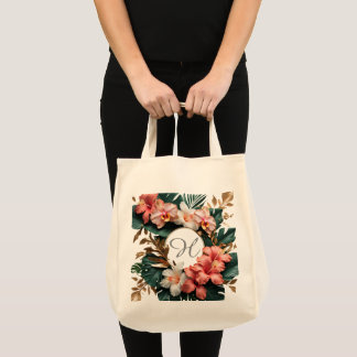 Elegantes tropisches florales Monogramm-Einkaufs-S Tragetasche