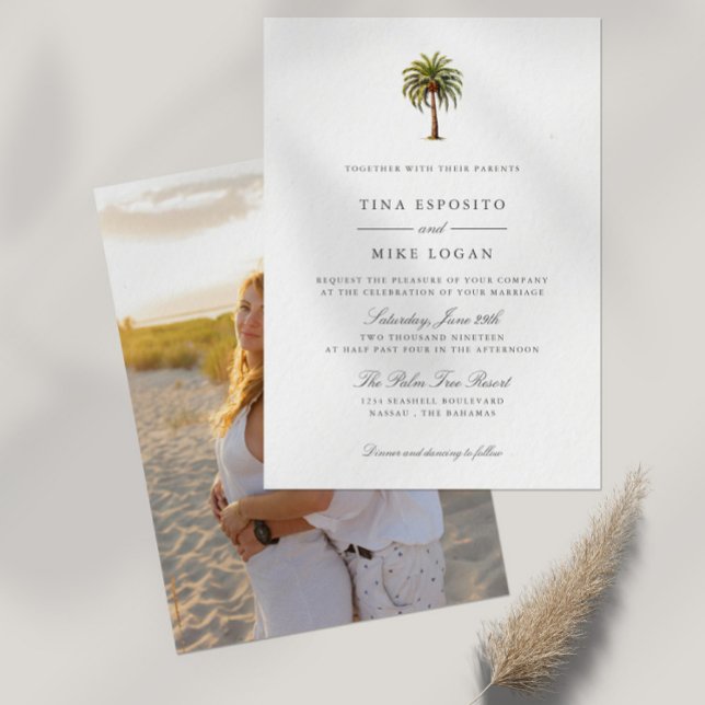 Elegantes tropisches Foto mit tropischer Palme Einladung (Tropical Exotic Watercolor Palm tree wedding invitation with space for your best photo on the back)