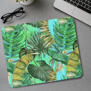 Elegantes tropisches Grün Blätter gelb blau Muster Mousepad