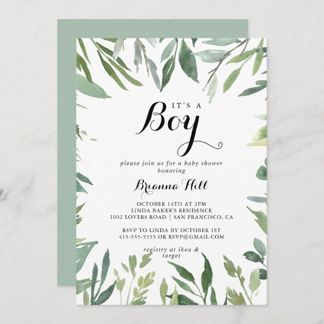 Elegantes tropisches Grün, eine Baby-Dusche Einladung (Vorne/Hinten)