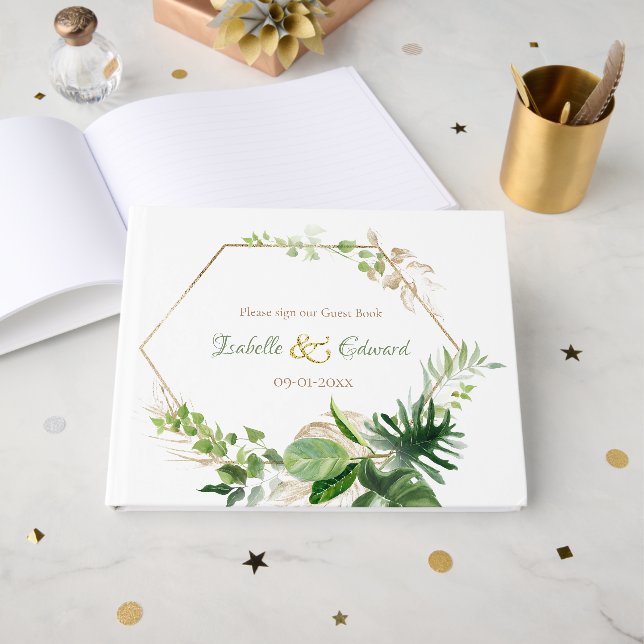 Elegantes tropisches grünes Wasserbad Monstera Blä Gästebuch (Vorderseite Offen)