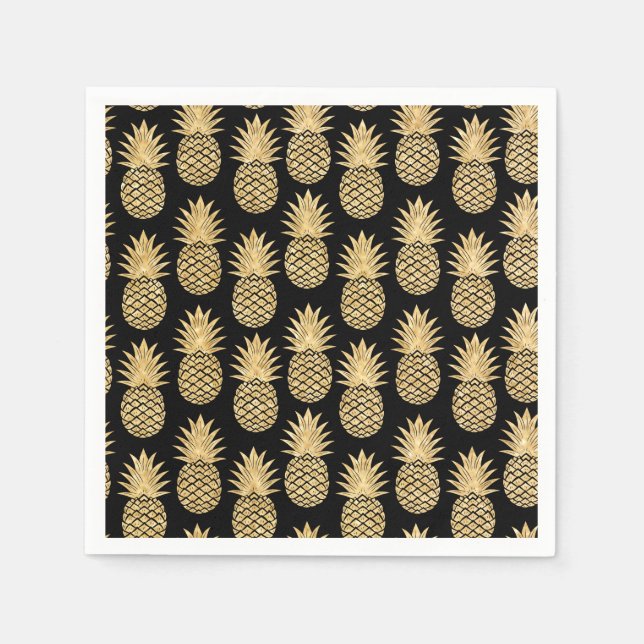 Elegantes tropisches Schwarz-Gold Ananas Muster Serviette (Vorderseite)
