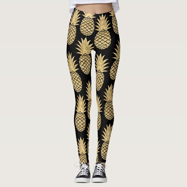 Elegantes tropisches Schwarz-und Goldananas-Muster Leggings (Vorderseite)
