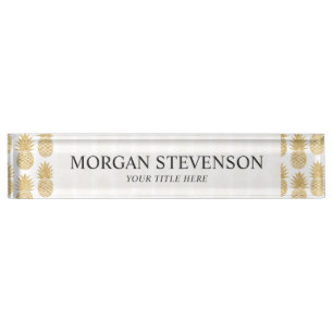Elegantes tropisches weißes Goldananas-Muster Namensplakette