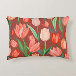 Elegantes Tulpen-Blumenmuster – Rot und Pfirsich F Dekokissen