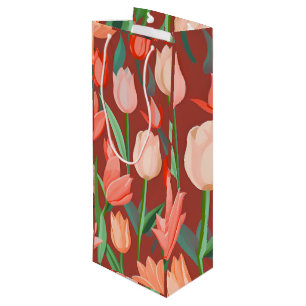 Elegantes Tulpen-Blumenmuster – Rot und Pfirsich F Geschenktüte Für Weinflaschen