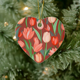 Elegantes Tulpen-Blumenmuster – Rot und Pfirsich F Keramik Ornament