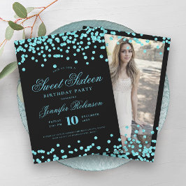 Elegantes Türkis Black Confetti Foto Sweet 16 Einladung