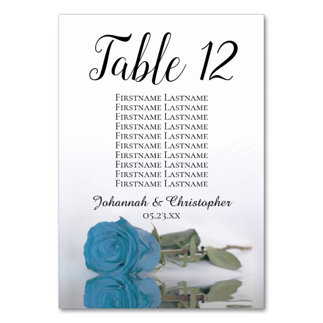 Elegantes Türkis Blue Rose Seating Chart Hochzeit Tischnummer (Rückseite)