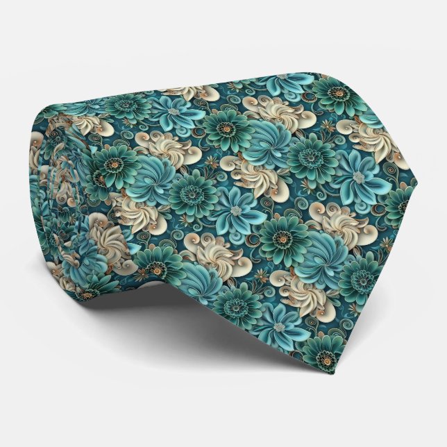 Elegantes Türkis Blumenfliesenmuster  Krawatte (Gerollt)