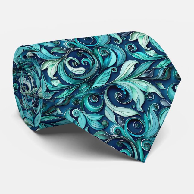 Elegantes Türkis Blumenfliesenmuster Krawatte (Gerollt)