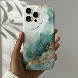 Elegantes Türkis-Gold-Abstraktes Wasserfarben-Eige iPhone 16 Pro Max Hülle