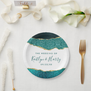 Elegantes Türkis & Gold Agate Hochzeit Pappteller