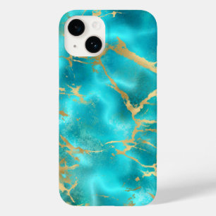 Elegantes Türkis-Gold-Aquablau-Marmor Case-Mate iPhone 14 Hülle