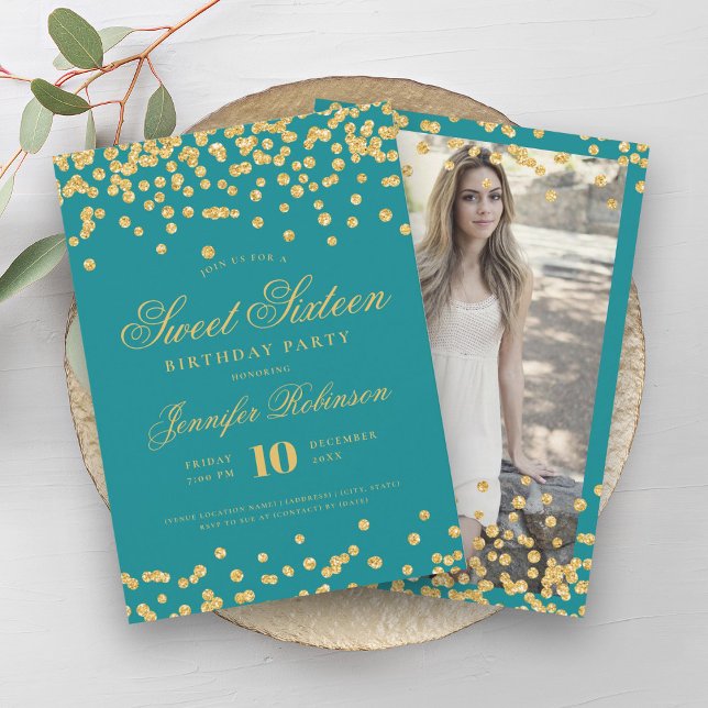 Elegantes Türkis Gold Confetti Foto Sweet 16 Einladung (Elegant Turquoise Gold Confetti Photo Sweet 16 Invitation)