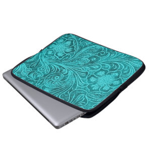 Elegantes Türkis-Leder-Optik mit geprägten Blumen Laptopschutzhülle