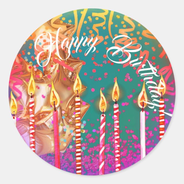 Elegantes Türkis mit Kerzen Happy Birthday Runder Aufkleber (Vorderseite)