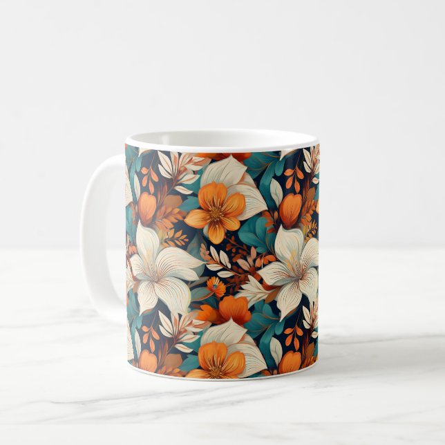 Elegantes Türkis Orange Blume Muster floral Kaffeetasse (Vorderseite Links)