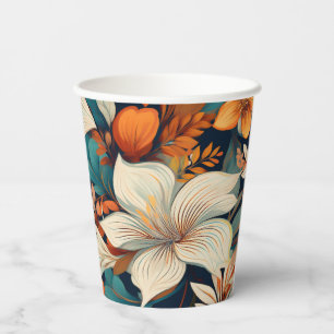 Elegantes Türkis Orange Blume Muster floral Pappbecher