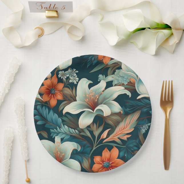 Elegantes Türkis Orange Blume Muster floral Pappteller (Hochzeit)