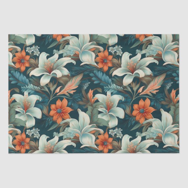 Elegantes Türkis Orange Blume Muster floral Seidenpapier (Vorderseite)