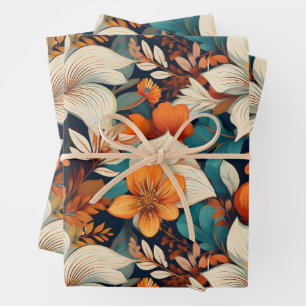 Elegantes Türkis Orange Blumenmuster Floral Geschenkpapier Set