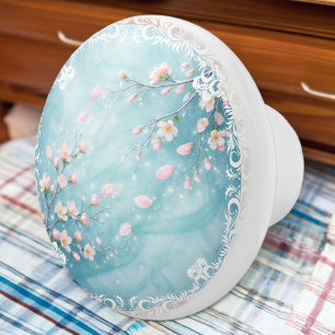 Elegantes Türkis Rosa Kirschblüten-Design Keramikknauf
