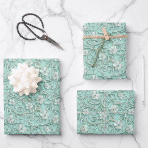 Elegantes Türkis-Strudel-Blumenmuster Geschenkpapier Set