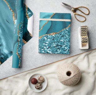 Elegantes Türkis- und Gold-Glitter-Ozean-Achat-Geo Geschenkpapier