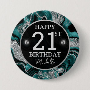 Elegantes Türkis- und Silber-Glitter-Achat-Geburts Button