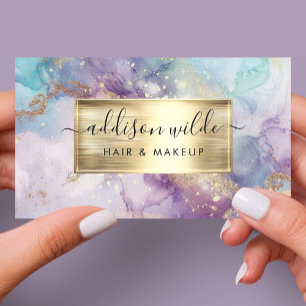 Elegantes Türkis-Violett- und Gold-Wasserfarb-Marm Visitenkarte