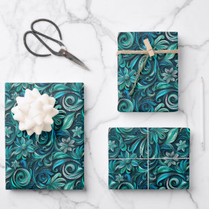 Elegantes türkises Wirbelblattmuster Geschenkpapier Set