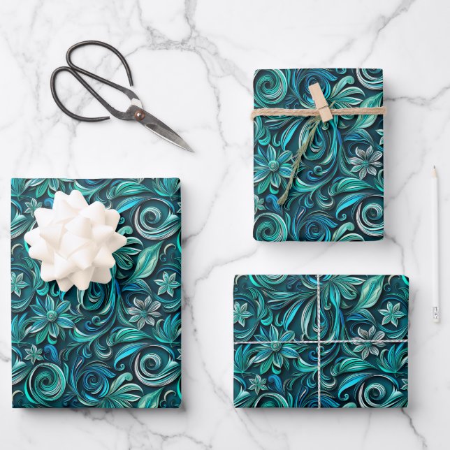 Elegantes türkises Wirbelblattmuster Geschenkpapier Set (Vorderseite)