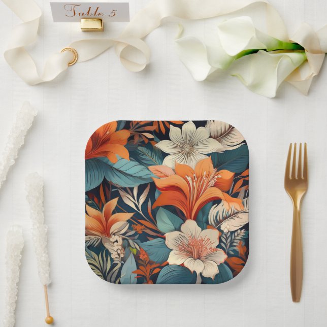 Elegantes, türkisfarbenes Muster der Blume Pappteller (Hochzeit)