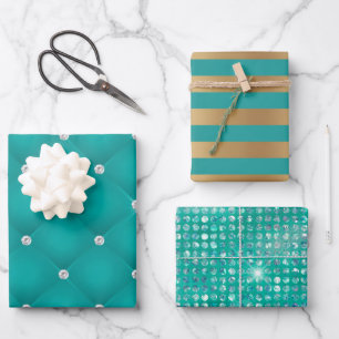 Elegantes Turquoise Gold Streifen Glitzer Geschenk Geschenkpapier Set