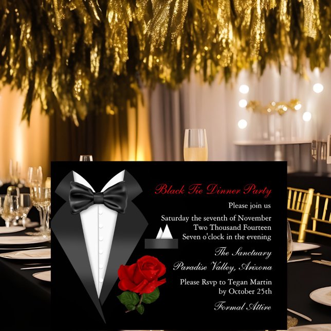Elegantes Tux & Rose Schwarze Krawatte Abendessen  Einladung (Von Creator hochgeladen)