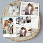 Elegantes Typografie-Script 4 Foto Collage Wedding Dankeskarte<br><div class="desc">Minimalistisch Modernes, elegantes Script 4 Foto Collage Wedding Dankeschön Card. Stilvolle Hochzeit dank Kartenvorlage mit vier Foto auf der Vorderseite und einem Foto auf der Rückseite. Mit dem Text "Danke" in einer Wirblen Hand geschrieben Typografie Skript-Schriftart mit Swash oder in schwarz auf weißem Hintergrund. Kleines Liebe Herz zwischen den Namen....</div>