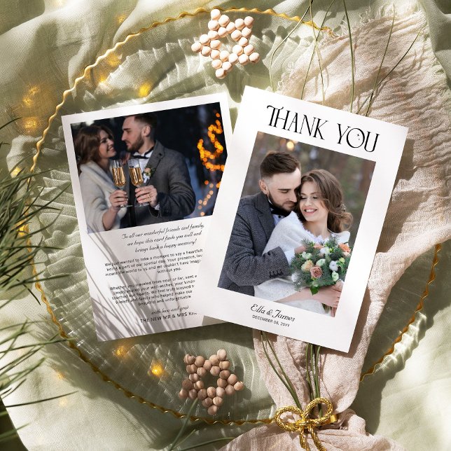 Elegantes Typografy Winter Wedding Foto Dankeskarte (Wedding Photo Thank you card from the Holly Bells Wedding Collection by Darling and May)