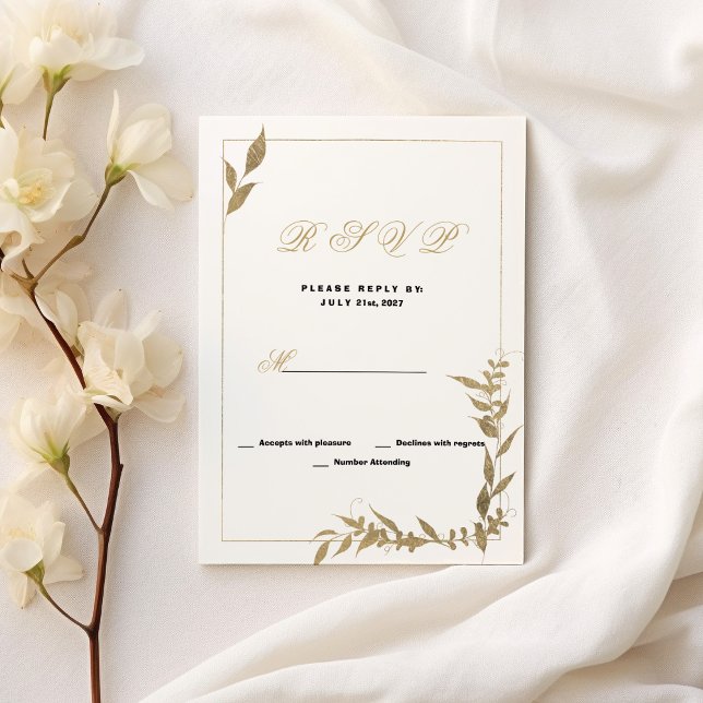 Elegantes UAWG aus weißem und goldfarbenem Blattwe Einladung (Elegant white and gold foliage RSVP )