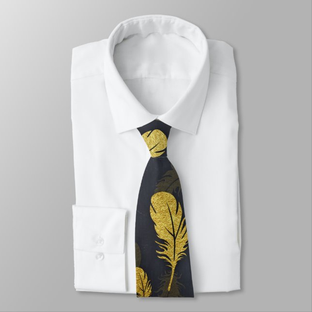 Elegantes und elegantes Schwarz-Gold-Feather-Muste Krawatte (Gebunden)
