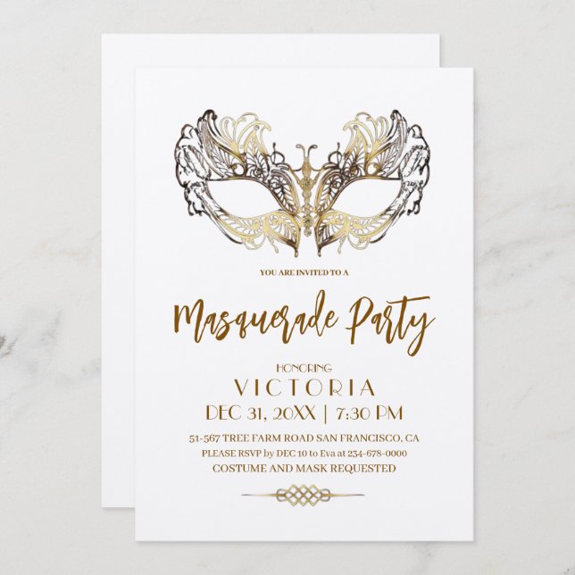 Elegantes und modernes Goldmasquerade Party Geburt Einladung (Vorne/Hinten)