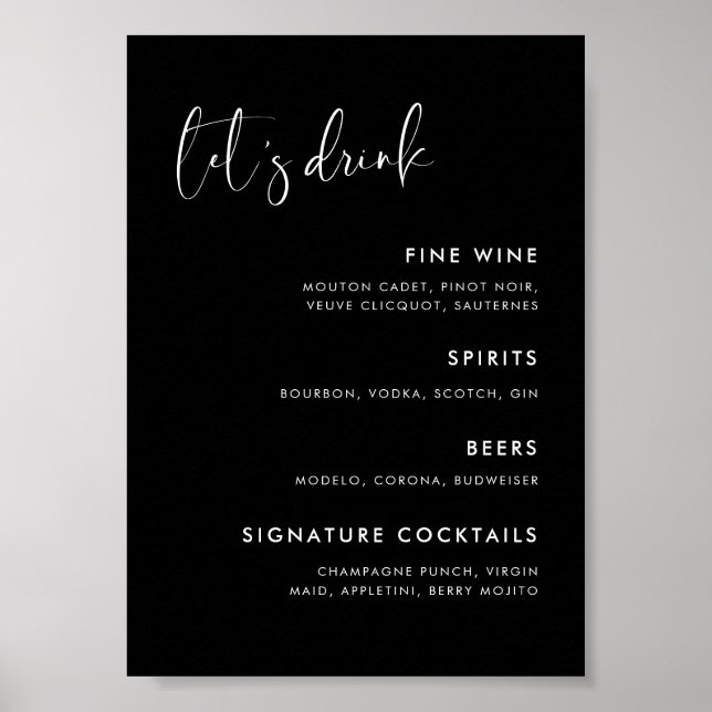 Elegantes und modernes Schwarzes Hochzeitmenü Bar Poster (Vorne)