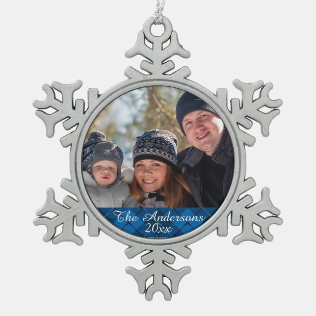 Elegantes und modernes Tartan Kariertes Foto Schneeflocken Zinn-Ornament (Vorderseite)