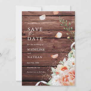 Elegantes und rustikales Holz und Pfirsichblumen S Save The Date